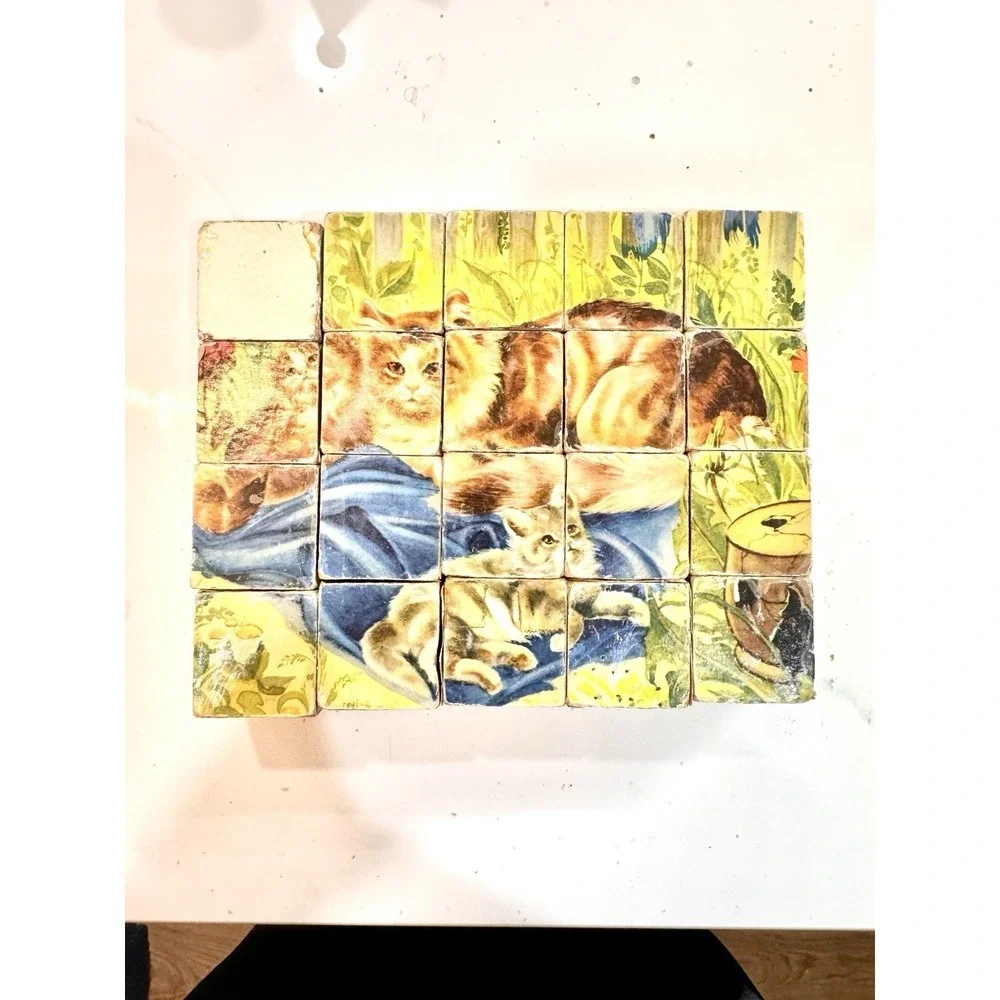 Vintage Farmhouse Wooden Picture Blocks Puzzle Chicken Horse Kitten‎ Cottagecore